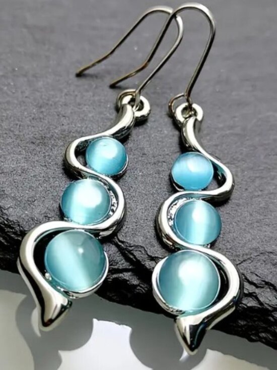 Jewelry - Geometric Cat's Eye Teal Blue Dangle Earrings Bohemian Style